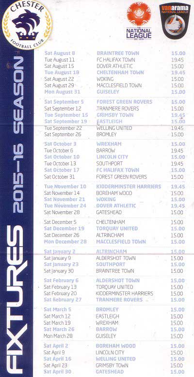 Chester FC Fixtures 2015 - 2016 Page 1